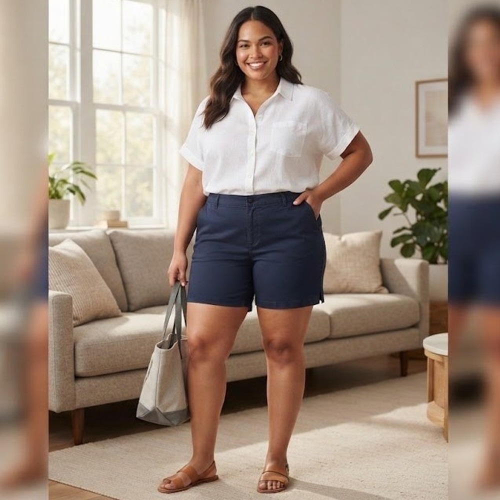 Kim Rogers Chino Shorts Women 20W Navy NWT Stretch Cotton Side Slit Pocket